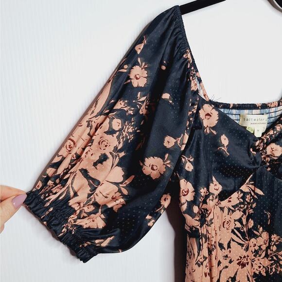 Saltwater LUXE Alyvia Midi Dress M Dark Ivy Floral Cottage Boho Smocked Puff - Picture 7 of 14